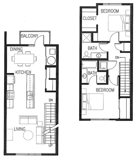 Floor plan for 2 beds, 2 baths, 1131 sqft
